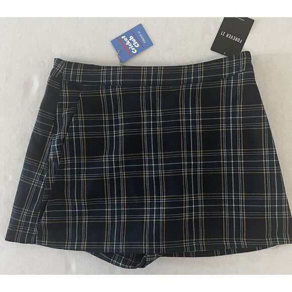 Forever 21 Sz. S Plaid skort with pockets, side zipper, Navy, Green & Gold - Picture 1 of 6